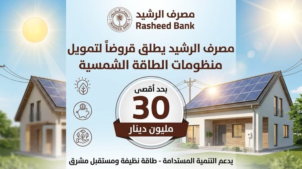 تصميم تعبيري عن قروض مصرف الرشيد لمنظومات الطاقة الشمسية